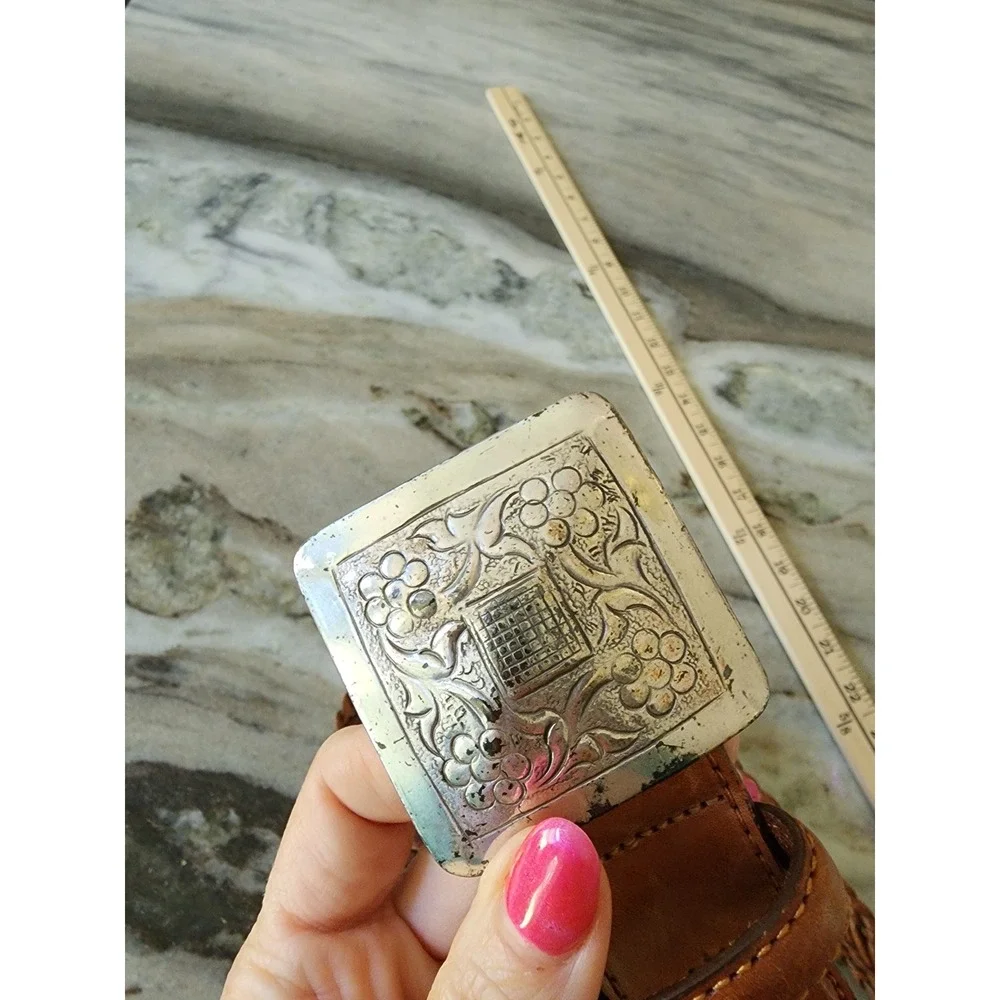 Cognac Brown Braided Leather Belt Silver Floral‎ Engraved Square Buckle Small 34